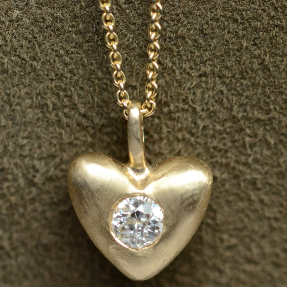 Gold American Folk Heart Pendant with Old Mine Diamond