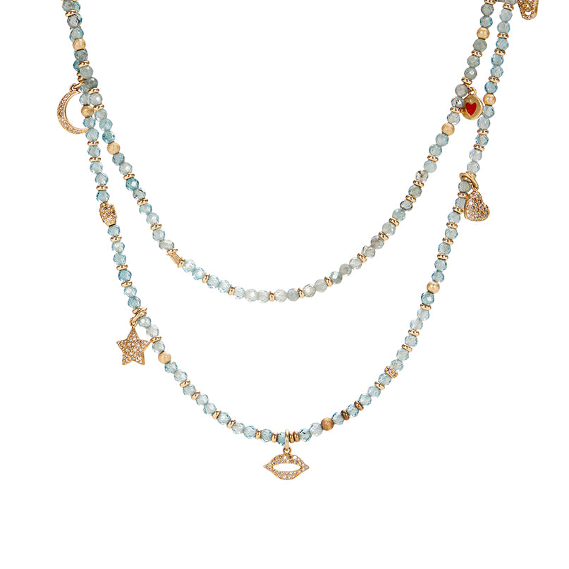 Hand Beaded Blue Zircon and 14K Gold Charm Necklace