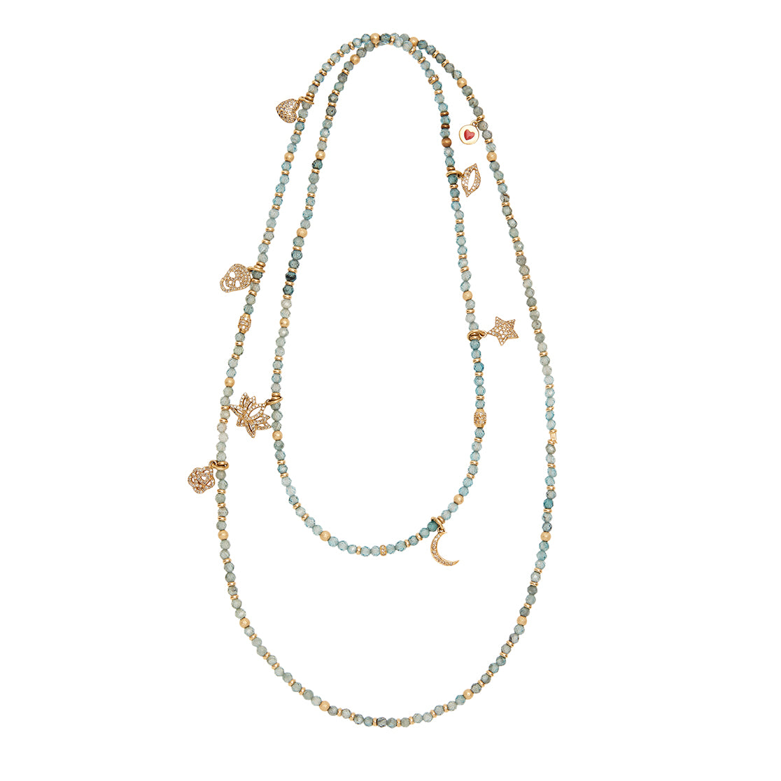 Hand Beaded Blue Zircon and 14K Gold Charm Necklace