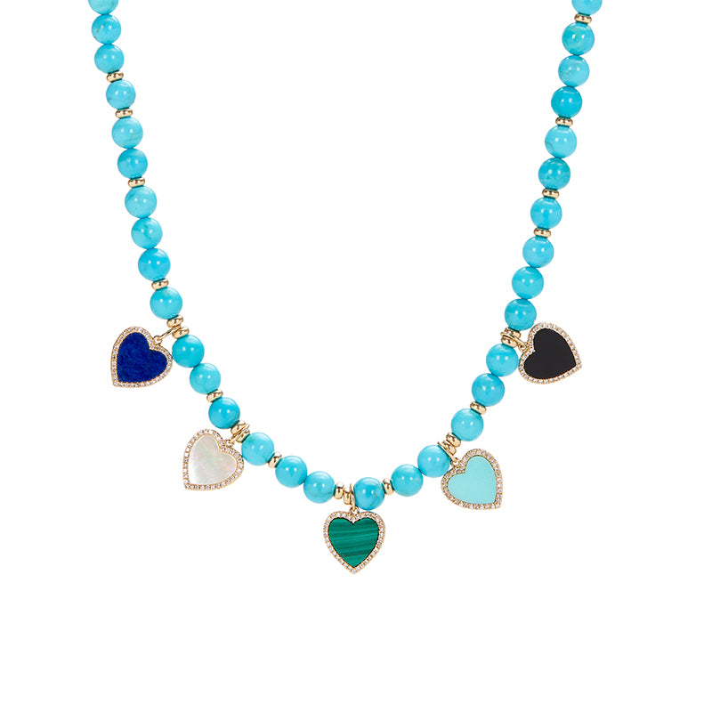 Hand Beaded Sleeping Beauty Turquoise Necklace with Hearts
