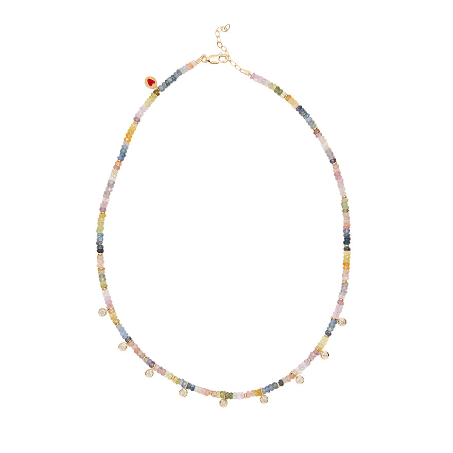 Hand Beaded Multi Sapphire Necklace with 14K Gold and Diamond Drops