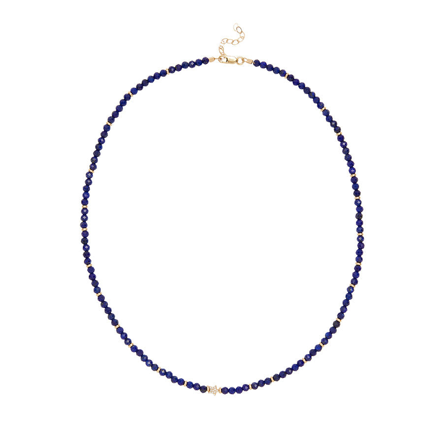 Hand Beaded Lapis Necklace with 14K Gold and Diamond Star