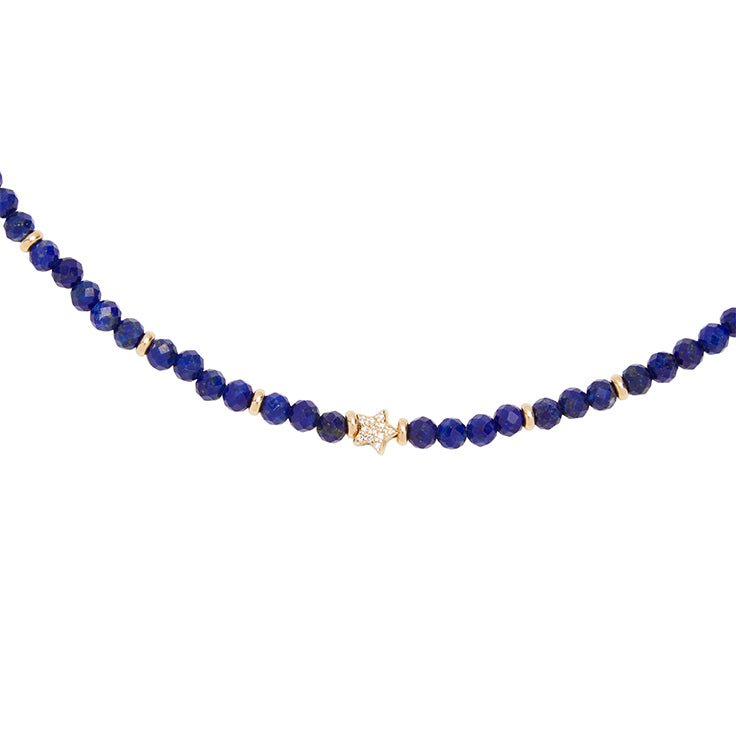 Hand Beaded Lapis Necklace with 14K Gold and Diamond Star