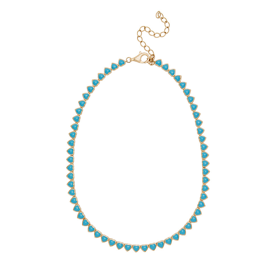 Hand Beaded 14K Gold Bezel Turquoise Hearts Tennis Necklace