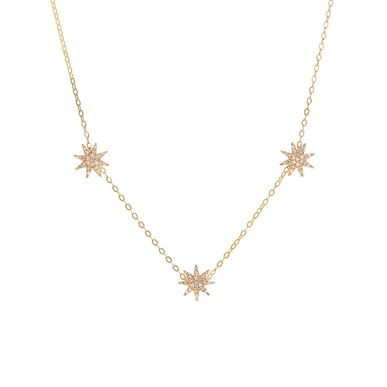 14K Gold 3 Diamond Starbursts Necklace