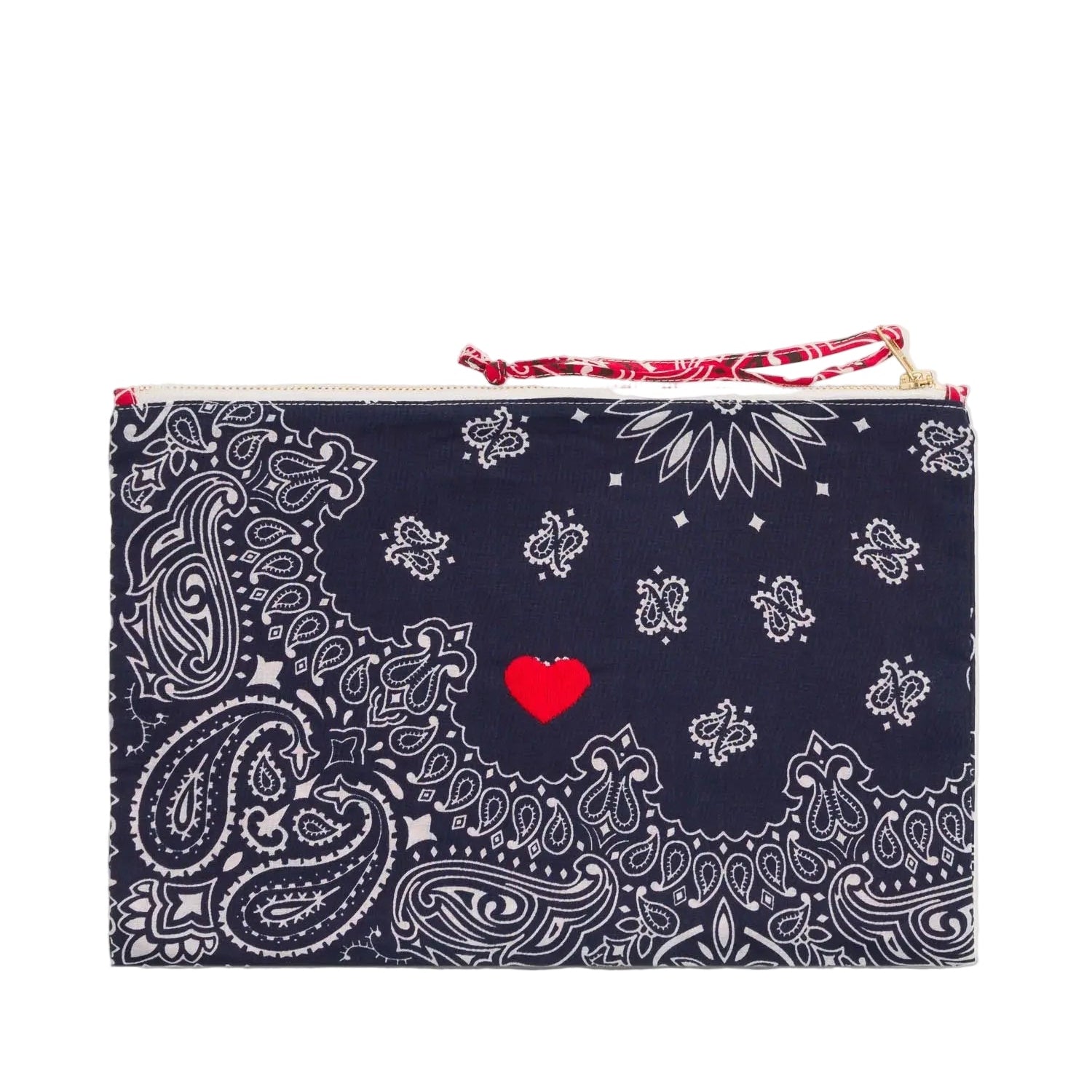 Navy blue paisley patterned pouch with a red heart on a white background