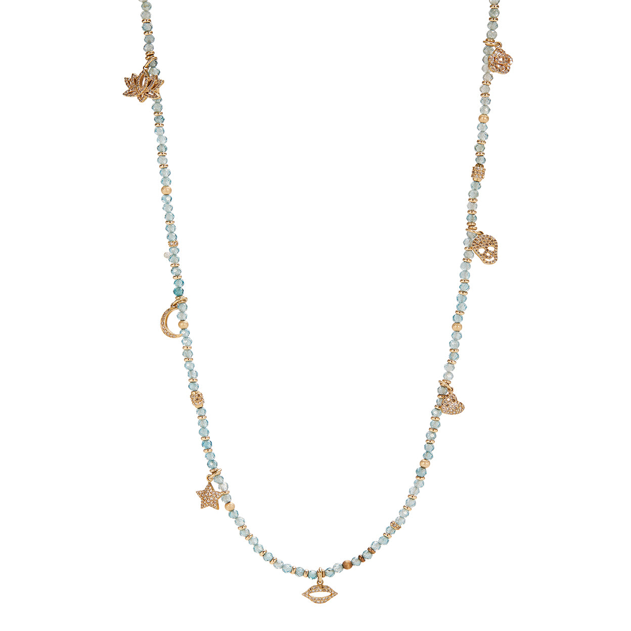 Hand Beaded Blue Zircon and 14K Gold Charm Necklace