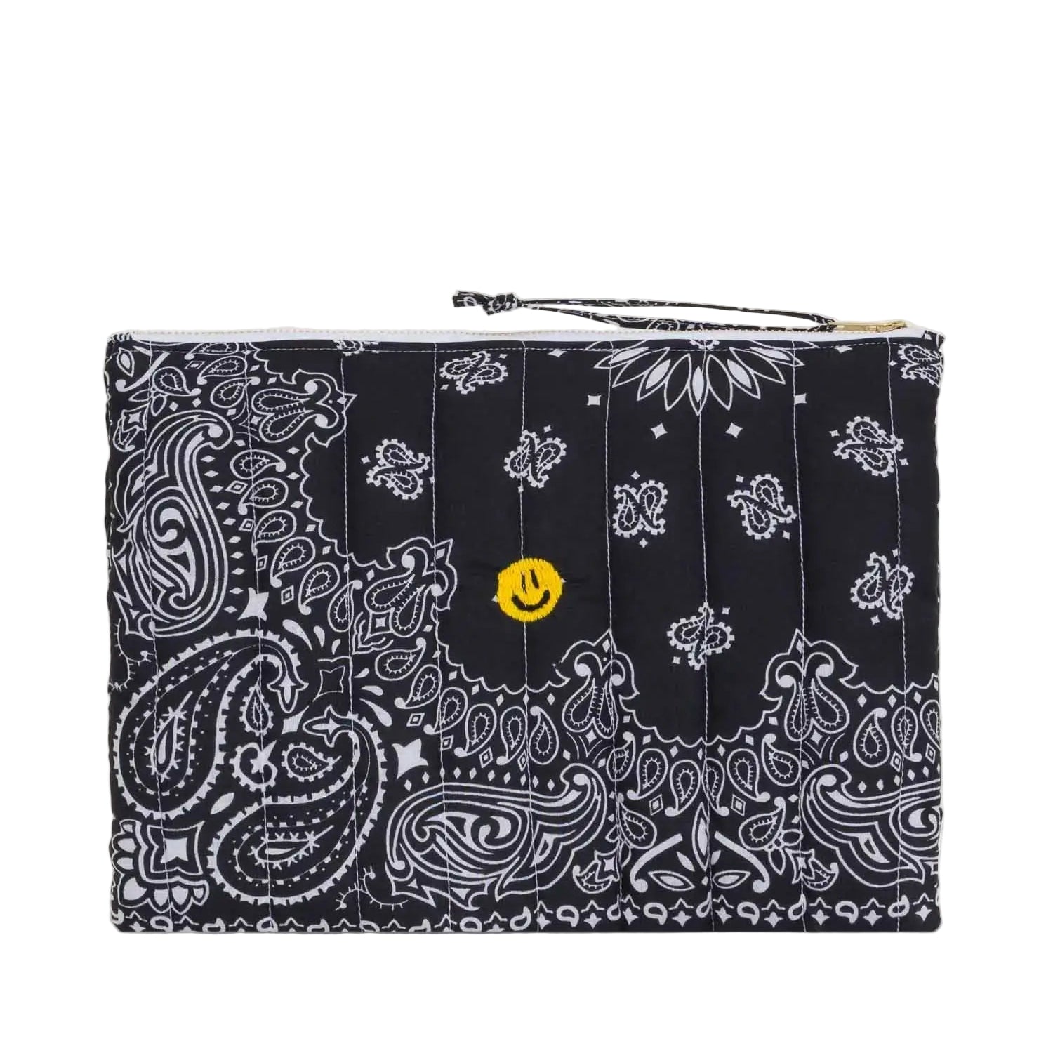 Black bandana patterned pouch with a yellow smiley face on a beige background