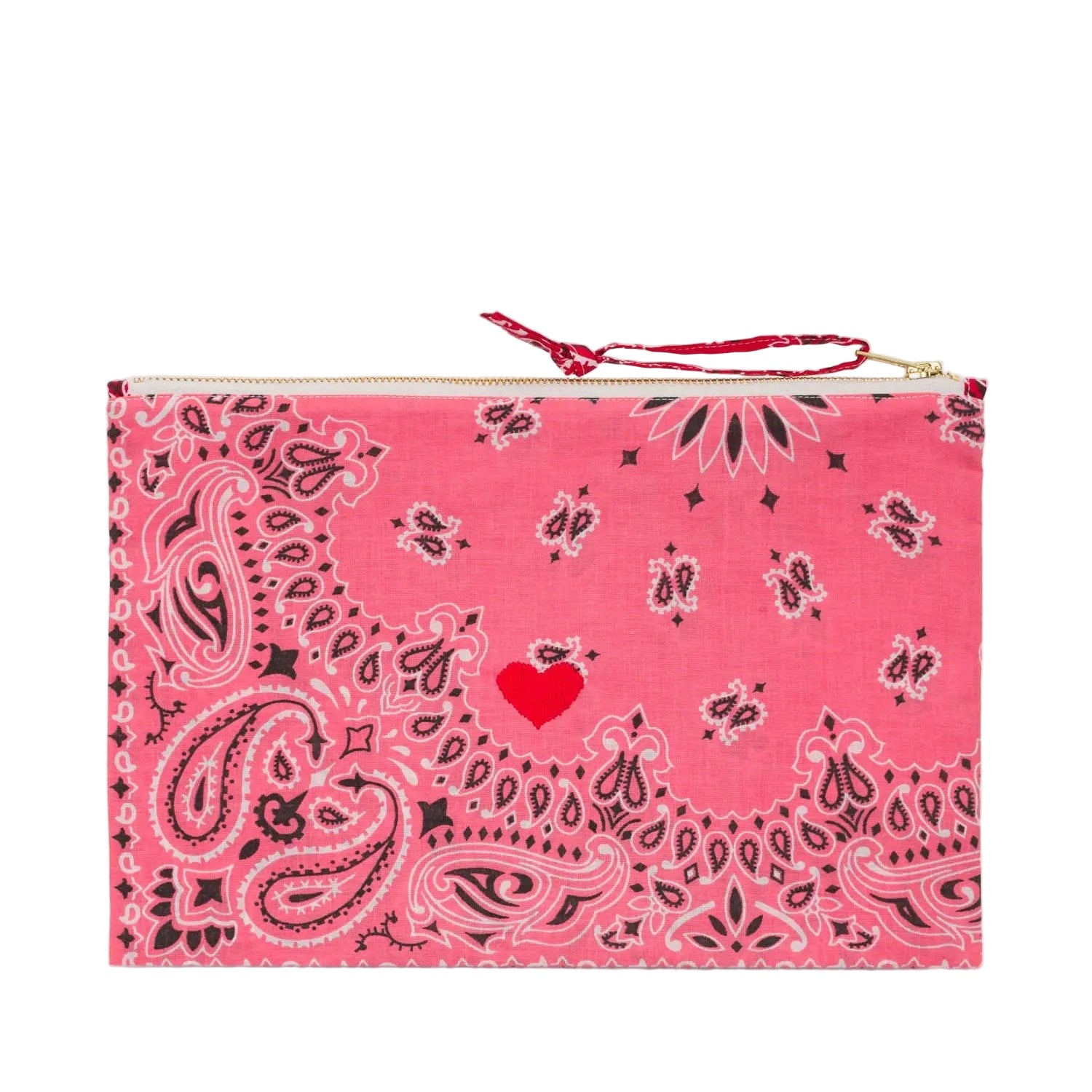 Pink pouch with black paisley pattern and red heart on a light gray background